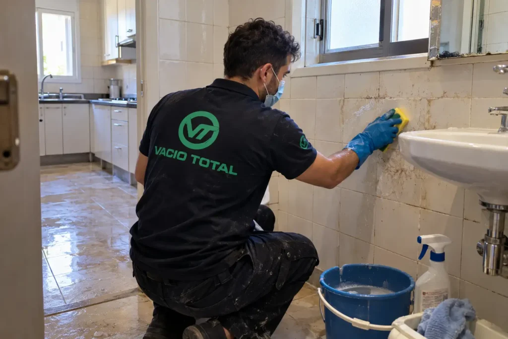 Profesional de Vacio Total limpiando a fondo el lavabo de un baño