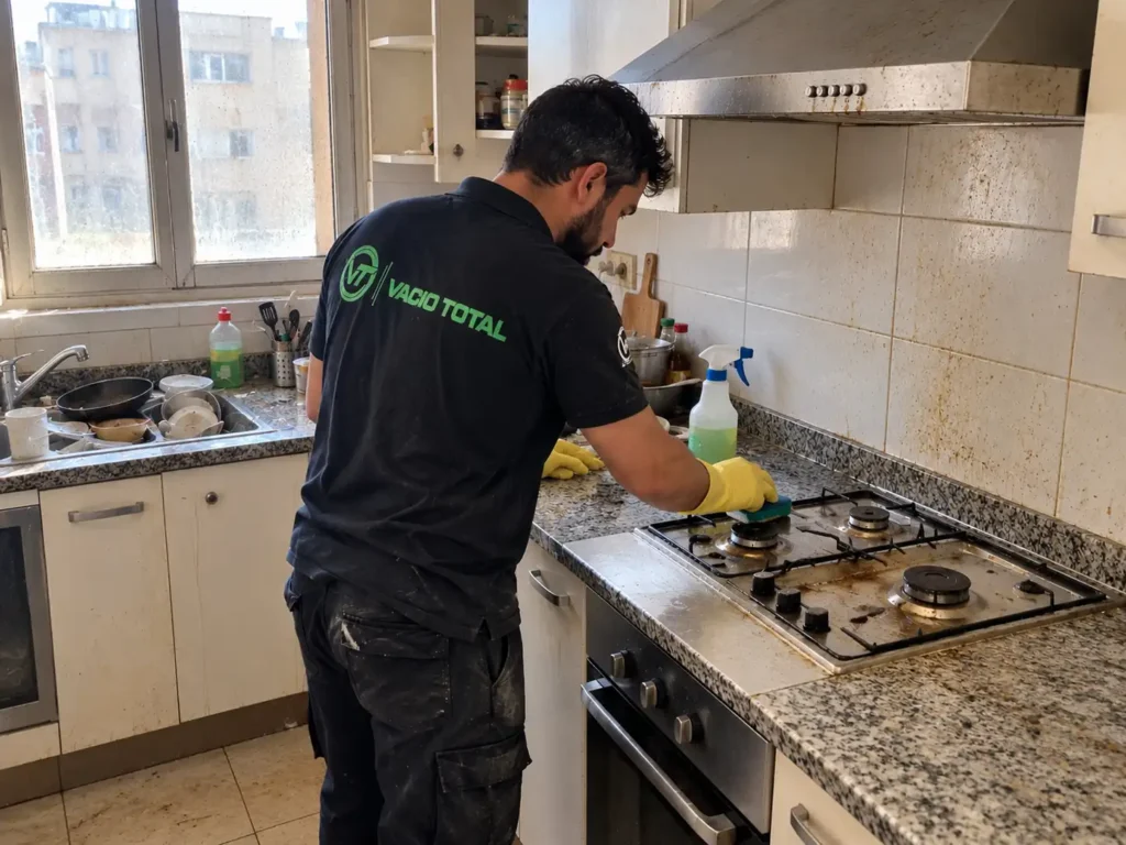 Profesional de Vacio Total limpiando la cocina de una vivienda después del vaciado