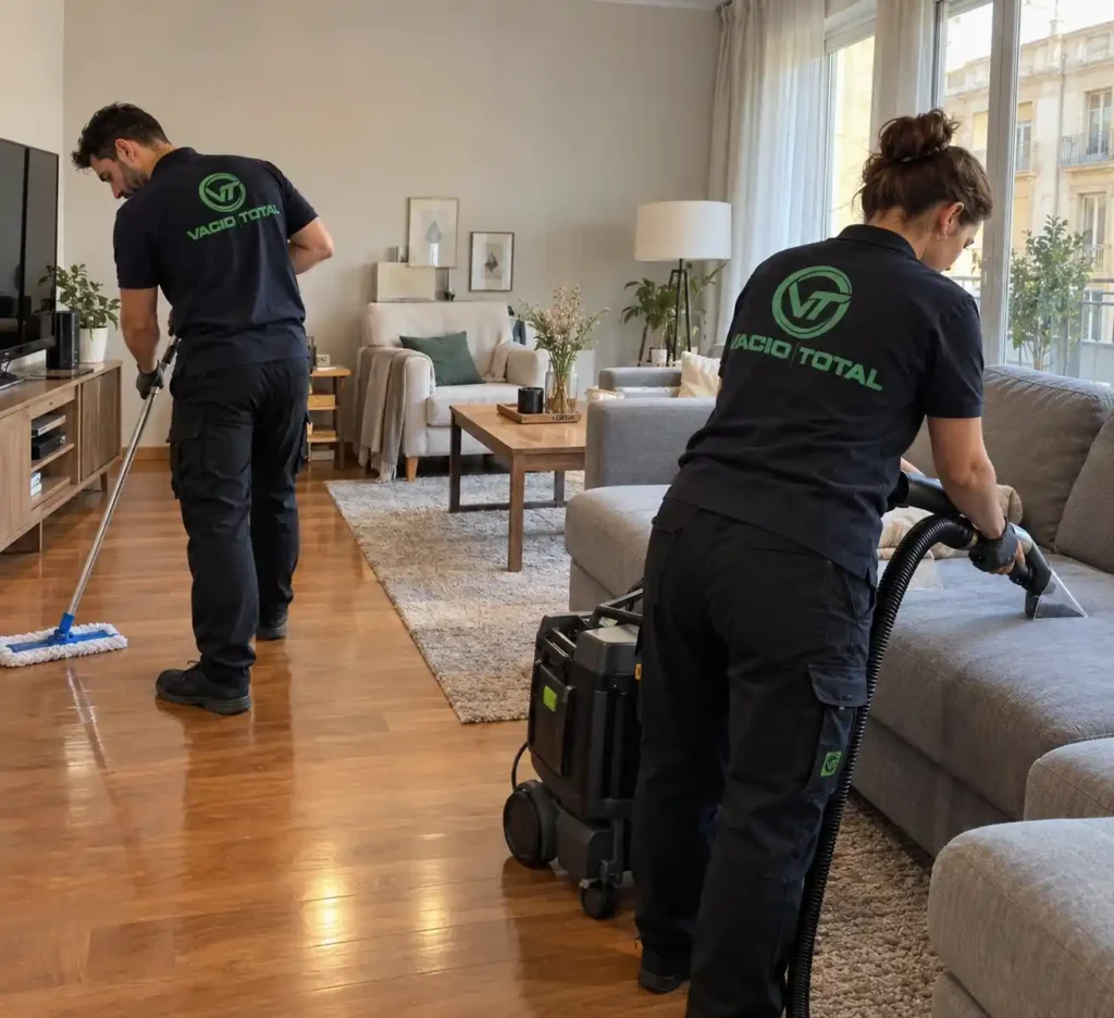 Equipo de Vacio Total limpiando el salón de una vivienda con fregona y aspiradora