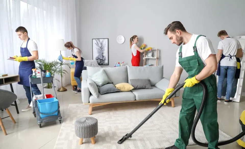 Equipo de limpieza profesional trabajando en el salón de una vivienda en Barcelona